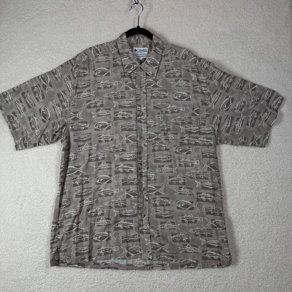 Vintage Columbia Fishing Shirt L Tan Beige Fish Print Short Sleeve Button Front